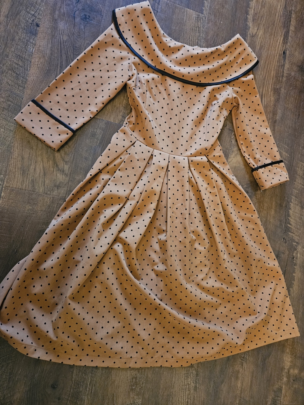 Nordstrom Brown Polka Dot Long Sleeve Fit-and-Flare Dress with Black Trim